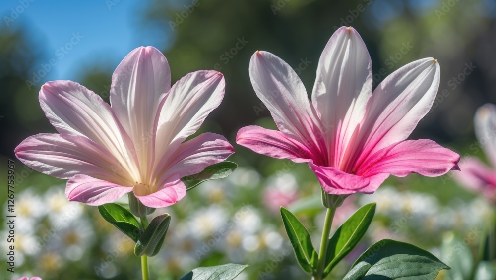 Wall mural Close-up of pink and white flowers in a garden setting with blurred floral background and visible green leaves Copy Space