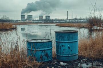 Obraz premium Damaged Blue Barrels by Polluted River - Two rusty blue barrels sit near a river, symbolizing pollution, environmental damage, industrial waste, neglect, and the consequences of irresponsible actions