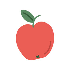 Cute red apple doodle style. Flat simple fruit for card, print, banner, poster, template. Cartoon illustration for children. Hand drawn illustration isolated on white background.