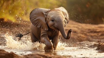 Playful Baby Elephant Splashing in Water at African Wildlife Park - Adventure in Nature's Exuberant Landscape