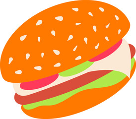 Cartoonish drawing of a hamburger with sesame seeds on a bun, meat, cheese, tomato and lettuce, colorful and simple, ideal for menus, websites, and advertising related to fast food
