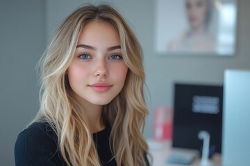 Blonde woman posing in office setting with gentle expression