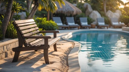 Fototapeta premium Wooden bench by the poolside with lounge chairs in the background surrounded by tropical plants and sunlight reflecting on the water Copy Space