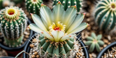 Fototapeta premium Flowering cactus surrounded by smaller cacti in pots with fine gravel soil natural light close-up with Copy Space