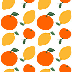 Cute orange mandarin lemon seamless pattern. Citrus template for packaging, postcard, printing, wallpaper. Childish minimal print. Cartoon background. Hand drawn doodle illustration isolated on white.