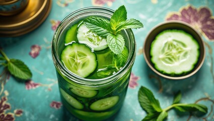 Fototapeta premium Cucumber mint water in glass jar with fresh cucumber slices and mint leaves on decorative background with copy space