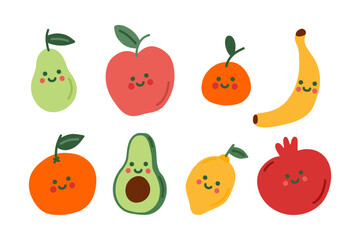 Cute fruit set doodle style. Smile simple apple, lemon, pomegranate, mandarin, orange, pear, avocado, banana. Cartoon characters for children. Hand drawn illustration isolated on white background.