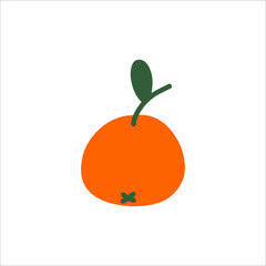 Cute orange mandarin doodle style. Flat simple citrus fruit for card, print, banner, poster, template. Cartoon illustration for children. Hand drawn illustration isolated on white background.