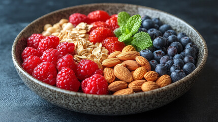 Photo, Nutritious Snack Platter: Fruits, Nuts, Berries, and Granola