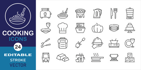 Cooking related line icon set. Cooking preparation pot, pan and kitchen utensils linear icons. Set of 24 outline icons related to cooking and kitchen. Vector illustration.