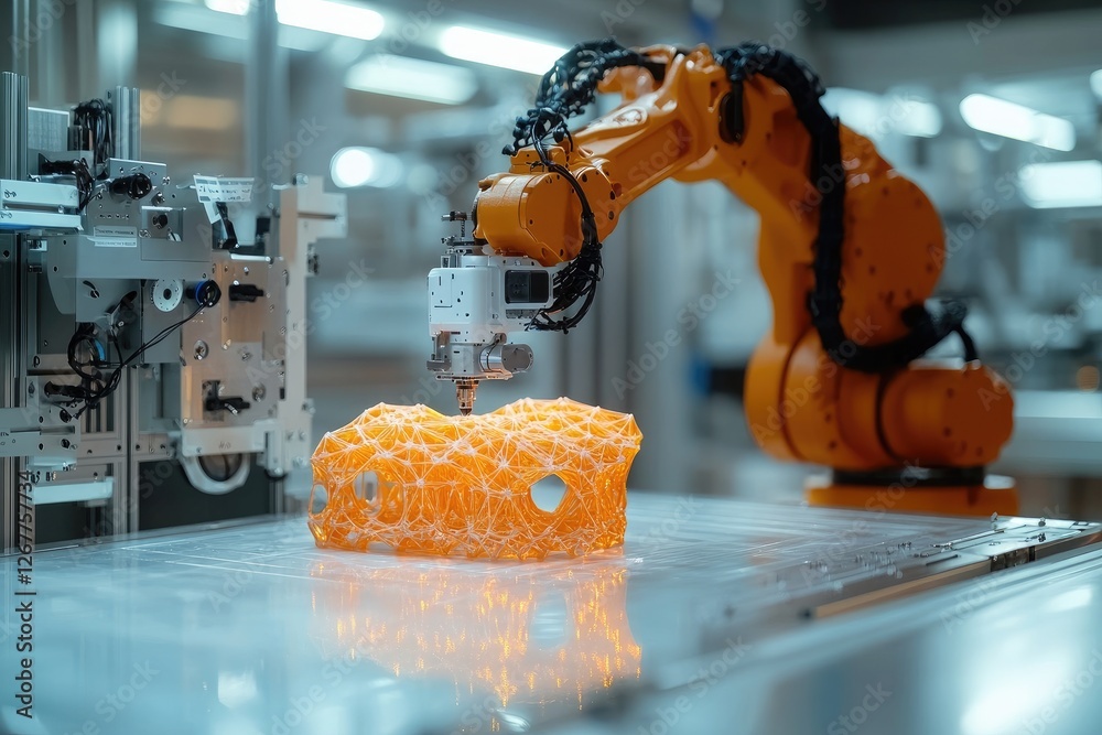 Leinwandbilder robotic arm creating intricate 3d printed object in modern factory