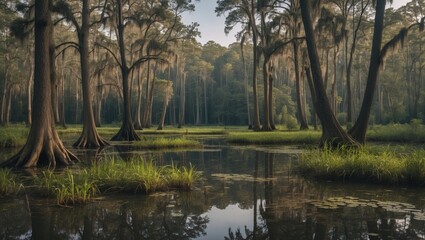 Obraz premium Cypress trees reflected in calm waters of a swamp surrounded by lush vegetation under soft morning light Copy Space