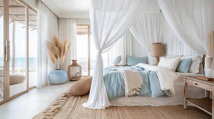 Coastal bedroom background with white canopy bed and ocean view