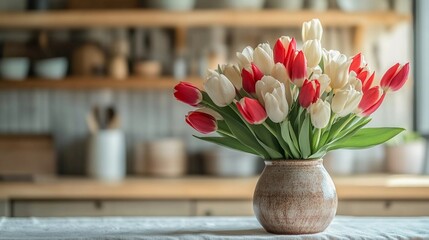 Beautiful arrangement of red and white tulips in a ceramic vase on a kitchen table