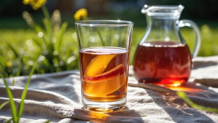 Glass of iced tea with peach slices beside a pitcher of iced tea on a picnic blanket in a sunny outdoor setting with grass and flowers