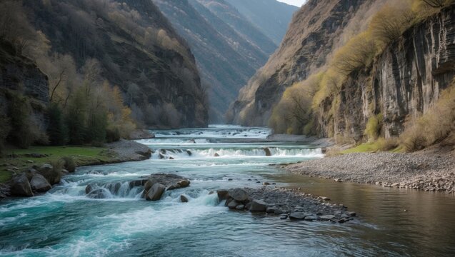 Mountain river flowing through a narrow gorge with cascading water and rocky shore in a scenic landscape with green vegetation and steep cliffs.