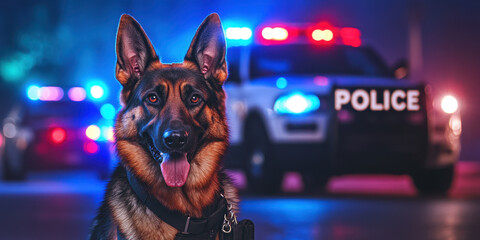 A trained police dog displays keen alertness while positioned in front of a patrol car with flashing lights in a nighttime setting