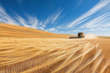 Obraz premium Harvesting a vast wheat field on a summer day with a combine harvester under the beautiful blue sky and cirrus clouds, dusty but efficient work, farmland.