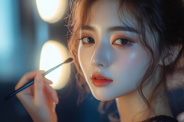 Obraz premium Makeup artist applying blush on model's face in professional studio setting