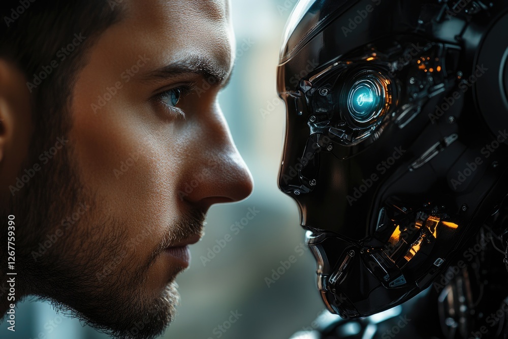 Poster engineer observing advanced humanoid robot face to face
