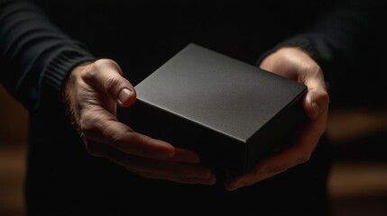Naklejka premium Male hands holding gift box in dim light
