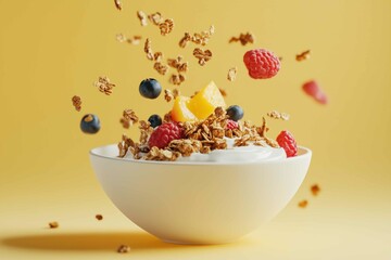 Granola falling into a yogurt bowl with fruit