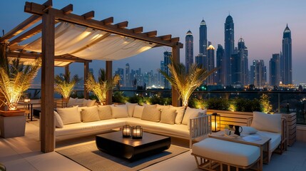 Fototapeta premium Elegant terrace background with wooden pergola, soft lighting, and cozy seating