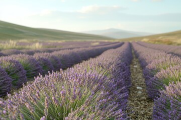 Obraz premium Vibrant lavender field stretching to distant hills, creating a serene and picturesque landscape on a sunny day in Provence, France, during the summer season.