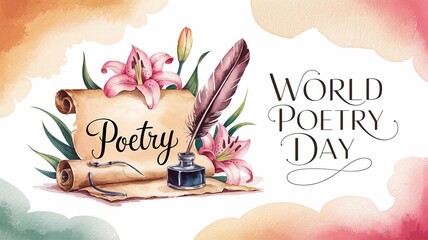 World Poetry Day illustration with scroll, quill, and flowers.