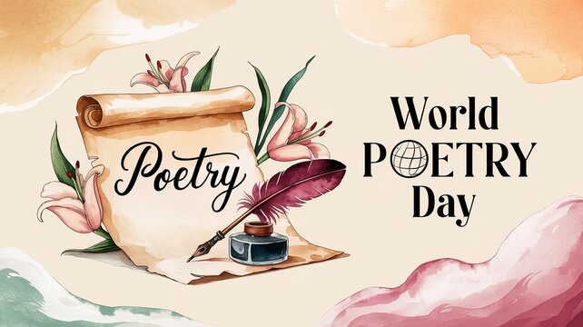 Artistic celebration of poetry with vintage scroll and ink. - Powered by Adobe