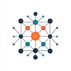 A visual representation of a network or system, featuring interconnected nodes with varying colors, emphasizing relationships and connections.