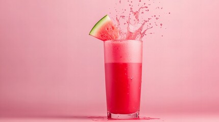 Refreshing watermelon smoothie in a tall glass against a pink background.  Summer vibes!