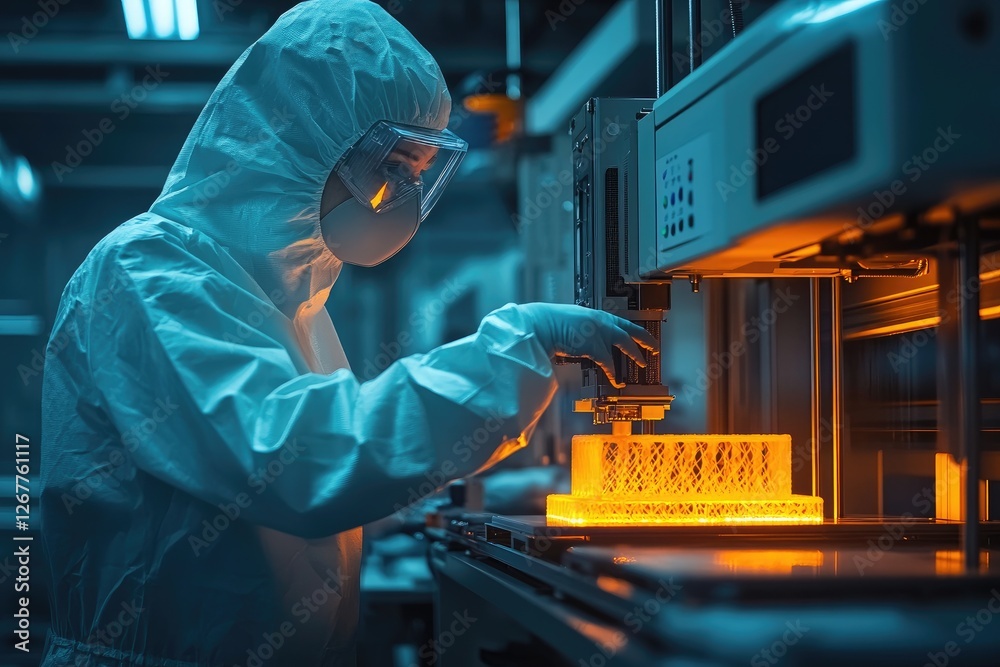 Aufkleber engineer using 3d printer creating new prototype in modern laboratory