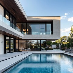 Fototapeta premium eye-catching residence glowing with exquisite lighting and landscaped image