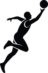 Minimalistic black silhouette of a basketball player in action, dribbling or dunking, dynamic sports motion, athlete in movement, professional game pose, vector illustration for sports design and artw