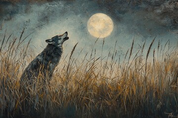 Fototapeta premium A majestic wolf howling at the full moon in a field of tall golden grass at night. Impasto oil painting shows animal in nature, dark skies and dramatic tones.