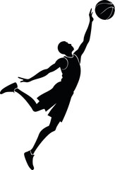 Minimalistic black silhouette of a basketball player in action, dribbling or dunking, dynamic sports motion, athlete in movement, professional game pose, vector illustration for sports design and artw