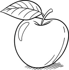 Line drawing of a ripe red apple with leaf