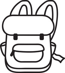 Simple line drawing of a backpack featuring a front pocket, side buckles, and adjustable straps, perfect for representing travel, hiking, or back to school themes
