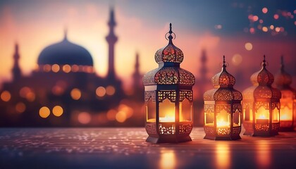Elegant Ramadan Kareem Islamic Backgrounds with Lanterns, Crescent Moons, Mosques, and Ornate Gold Patterns - Perfect for Holy Month Festivities, Spiritual Designs, and Stock Photography