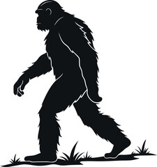 Fototapeta premium Minimalistic black silhouette of a Bigfoot standing in a mysterious pose, legendary Sasquatch creature vector illustration, cryptid icon, mythical forest monster, wildlife mystery, graphic design art
