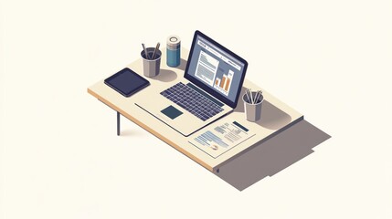 Isometric Office Desk with Laptop, Tablet, and Documents
