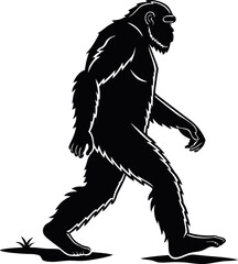 Fototapeta premium Minimalistic black silhouette of a Bigfoot standing in a mysterious pose, legendary Sasquatch creature vector illustration, cryptid icon, mythical forest monster, wildlife mystery, graphic design art
