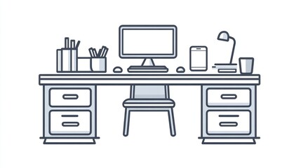 Simple Workspace Illustration, Office Desk, Equipment, Minimalist Design