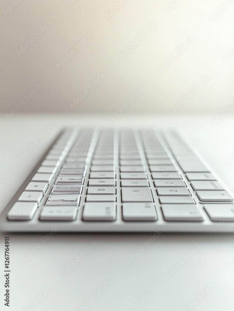 Poster White keyboard resting on a clean desk with soft light shining from the side during midday. Generative AI
