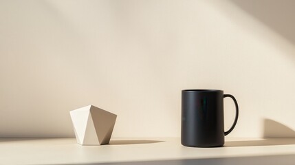 Geometric Metal Sculpture and Matte Black Mug on Minimalist Shelf Against Neutral Background