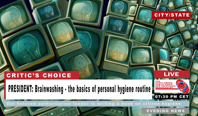 The evening news on the imaginary state television of a fictitious country ruled by a dictator. A pile of televisions with MRI brain scans. Chyron captions are suitable for free text variation.