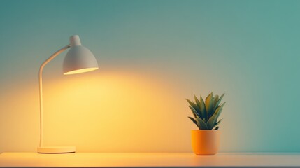illuminated Lamp and Potted Plant on a Table
