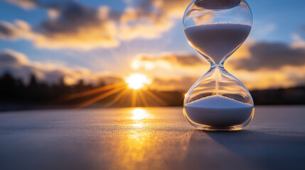An hourglass filled with white sand sits on a smooth surface as the sun sets in the background. The warm glow of the sunset enhances the metaphor of time management and productivity, inspiring focus