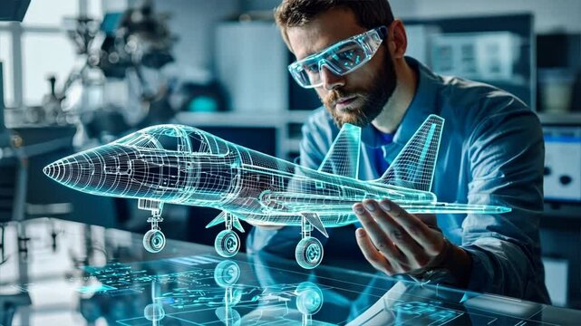 Engineer Designing Futuristic Aircraft Model with Advanced Technology